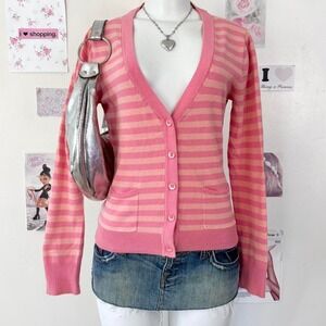 Jessica Y2K Pink & Orange Striped Button-Up Cardigan Size S — Coquette